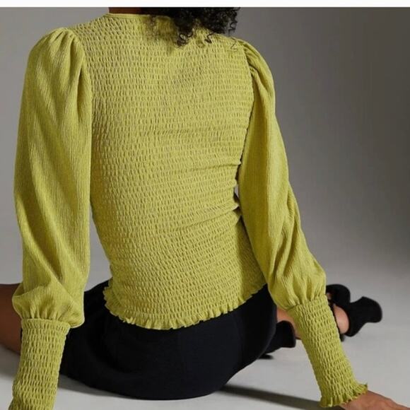 Anthropologie smocked puff sleeve leaf green Top size Small - Picture 3 of 10